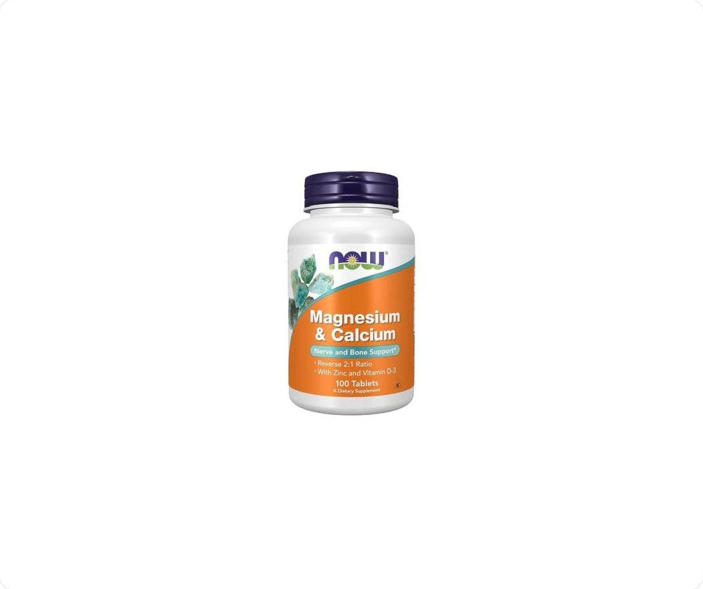 علبة مكمل مغنيسيوم وكالسيوم من NOW Foods تحتوي على 100 قرص