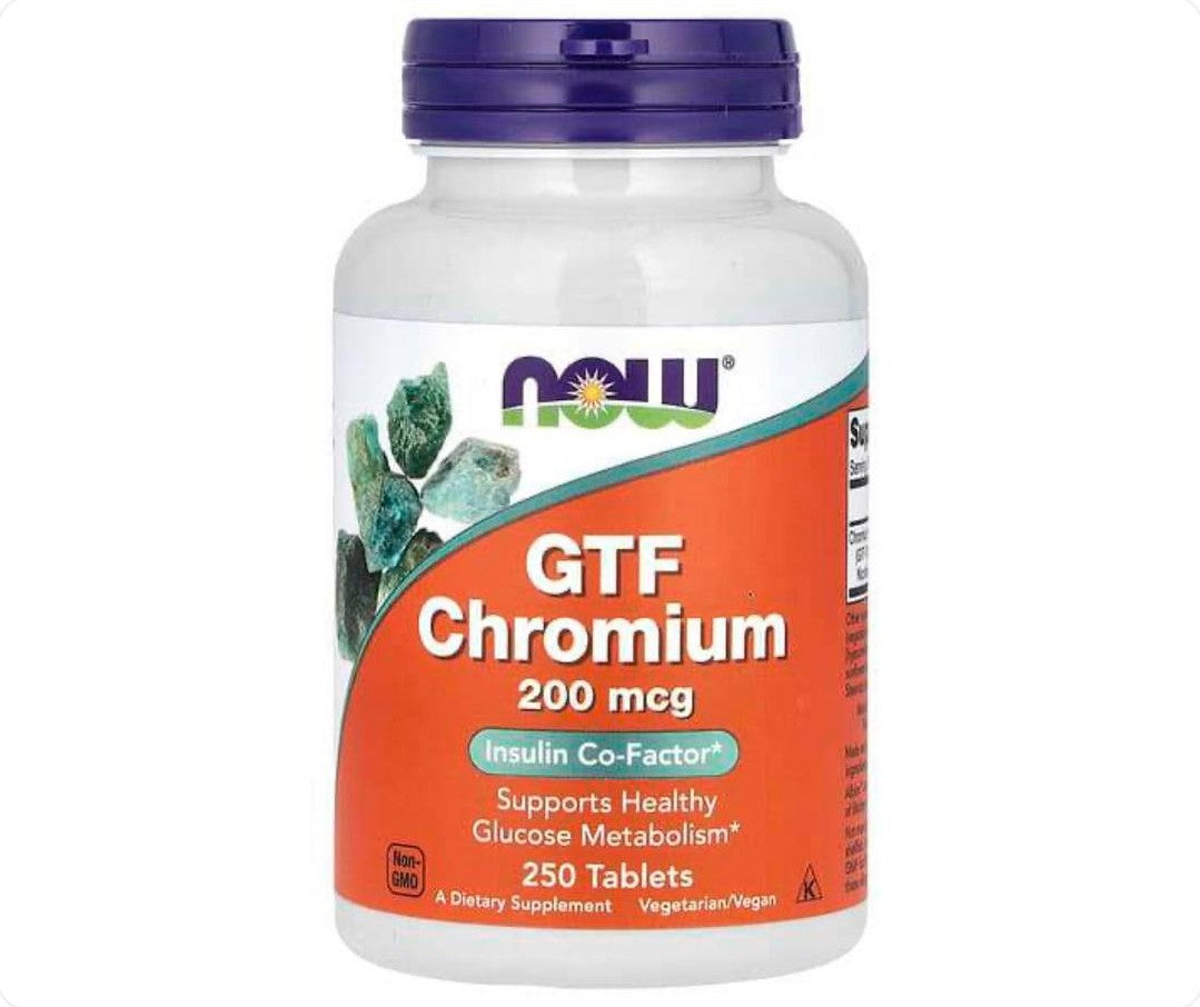 عبوة مكمل غذائي GTF Chromium من NOW Foods بتركيز 200 مايكروغرام وتحتوي 250 قرصاً