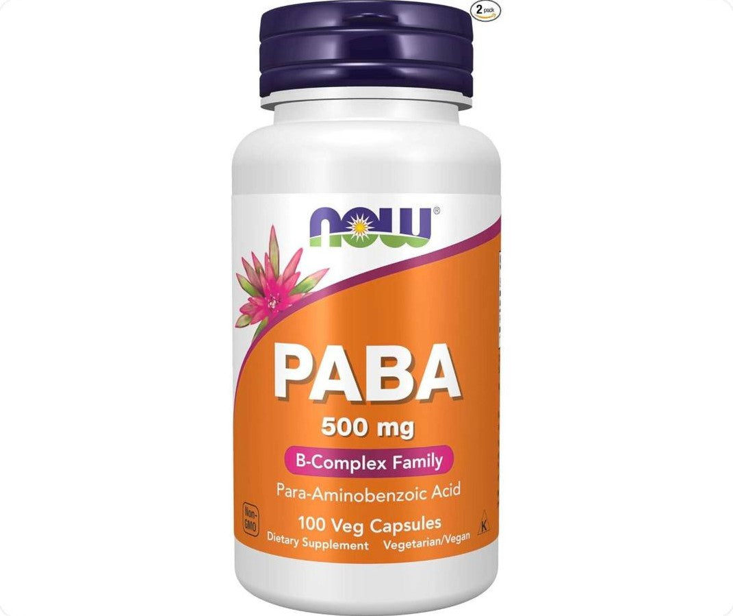 عبوة كبسولات PABA بتركيز 500 ملغ من NOW Foods تحتوي على 100 كبسولة نباتية