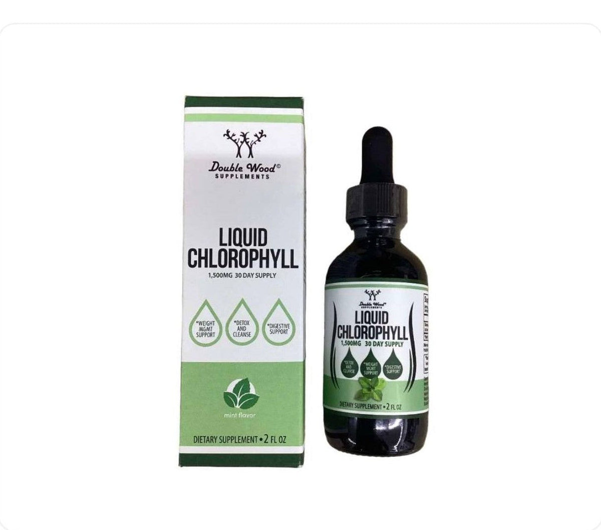 عبوة وزجاجة قطارة كلوروفيل سائل Liquid Chlorophyll من Double Wood Supplements بحجم 2 أونصة سائلة