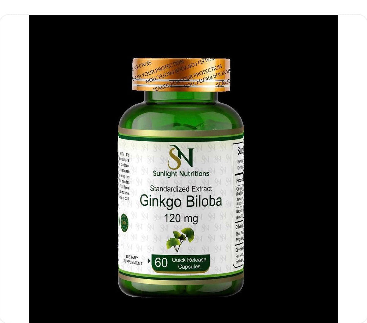 عبوة كبسولات جنكة بيلوبا بتركيز 120 ملغ من Sunlight Nutritions تحتوي على 60 كبسولة