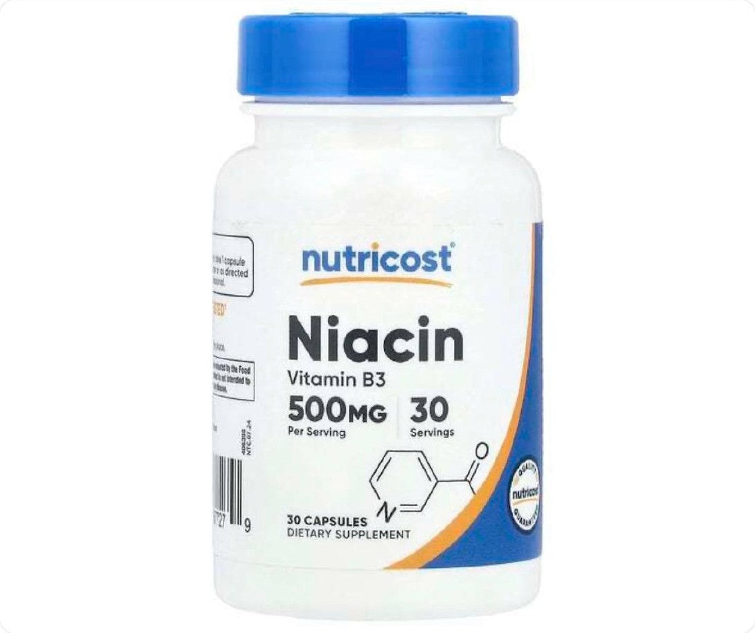 علبة نياسين 500 ملغ من Nutricost تحتوي على 30 كبسولة