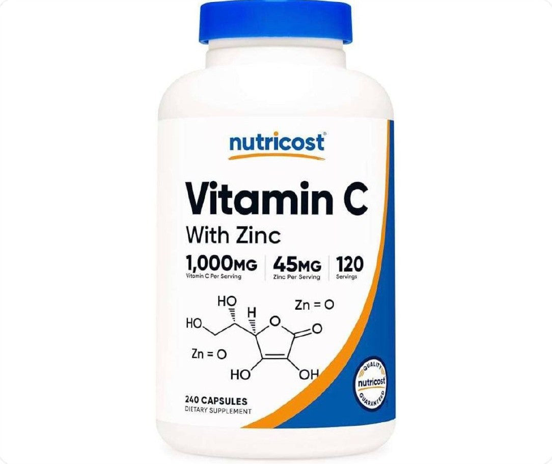 عبوة فيتامين سي مع الزنك من Nutricost تحتوي على 240 كبسولة