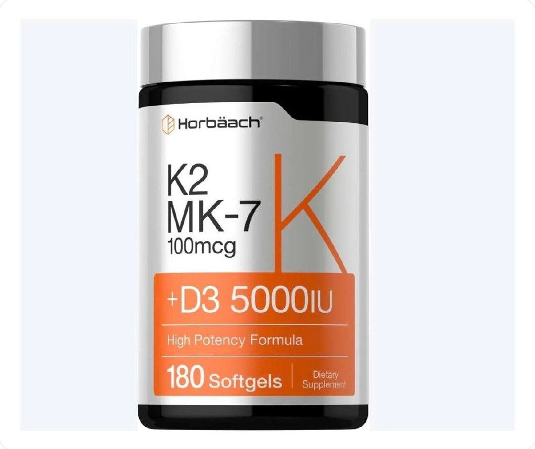 عبوة مكمل غذائي Horbäach K2 MK-7 مع D3 سعة 180 كبسولة هلامية